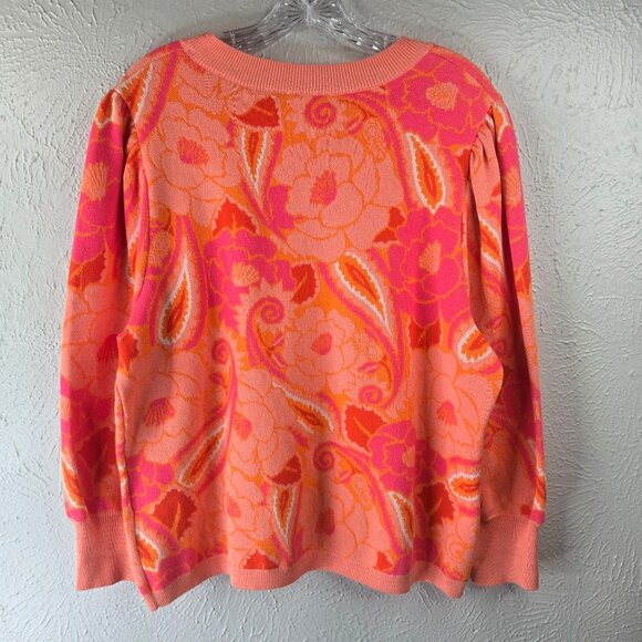 Farm Rio X Anthropologie Sweater Large Coral Paisley Floral Pullover Artsy Top - Picture 3 of 12